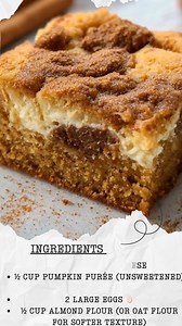 Cottage Cheese Pumpkin Spice Cake Bars 🎃🍰 – Cozy, High-Protein & Low-Sugar Soft, spiced, and perfectly moist—these cake bars bring all the cozy fall flavors in a healthier way! Made with cottage cheese for extra protein and pumpkin purée for natural sweetness, they’re the ultimate guilt-free treat for breakfast, snack, or dessert. Ingredients (makes about 9 bars): 1 cup cottage cheese ½ cup pumpkin purée (unsweetened) 🎃 2 large eggs 🥚 ½ cup almond flour (or oat flour for softer texture) 1 ts