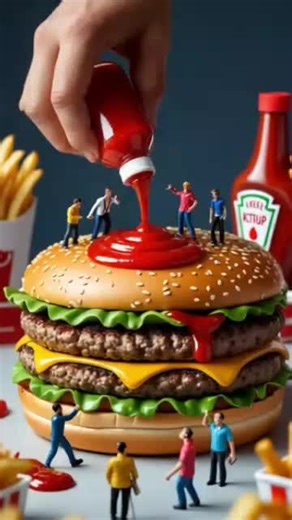 “When the Burger is TOO BIG for Real Life 🍔👨‍👩‍👧‍👦 #TinyWorld” #MiniatureWorld #GiantFood #FoodArt #BurgerLovers #KetchupRain #CreativeEdit #FoodieTok #TinyHumans #StopMotionVibes #ViralVideo #TikTokTrend #OpticalIllusion #FoodFantasy #funnytiktok