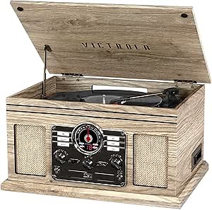 Victrola The Quincy 6-in-1 Bluetooth Record Player & Multimedia Center with Built-in Speakers – 3-Speed Turntable, CD & Cassette Player, AM/FM Radio, Wireless Music Streaming (Farmhouse Oatmeal)