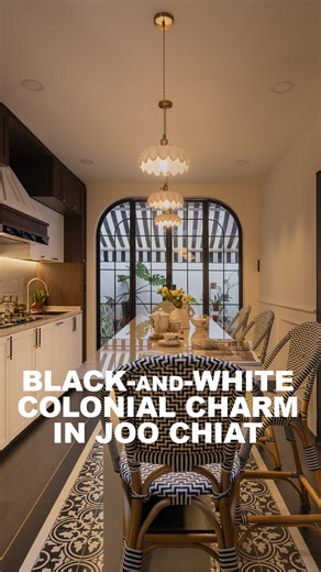 Home & Decor Singapore on Instagram: "Black-and-White Colonial Charm in Joo Chiat A 60-year-old terrace has been reimagined into a colonial-inspired home with 4 bedrooms and 3,365 sq ft. Blending antique treasures and custom craftsmanship, the home keeps its heritage alive in every corner. From the post-war green mosaic staircase to arched fluted-glass doors and a tropical palm-print bathroom, each space has its own story. Designed by (@ovon_design). #HomeTourSG #InteriorDesignSingapore #Singapo