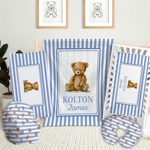 Teddy Bear Crib Bed Set, Preppy Bear Blanket, Nursery Bedding Set, Personalized Crib Sheet Set, Nursery Name Gifted Baby Bedding Crib Sheets - Etsy