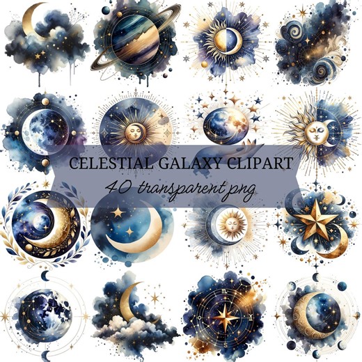 Watercolor Moon Stars Clipart, 40 Celestial Galaxy Night Sky Graphics, PNG Transparent Backgrounds, Astrology, Scrapbooking, Planner - Etsy Australia