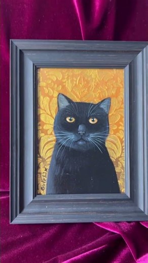 Black Cat Yellow eyes Gold Framed Original Painting 5x7”
