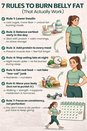 7 RULES TO BURN BELLY FAT (That Actually Work)👇 ✨ Want a flatter belly without extreme diets? Start with these 7 simple rules and stay consistent for 2–4 weeks to feel the difference. 👇 ✅ Rule 1: Lower insulin → Less sugar, more fiber = easier fat-burning mode 🍓🥦 ✅ Rule 2: Balance cortisol early → Protein calm mornings = fewer cravings ☀️🍳 ✅ Rule 3: Add protein to every meal → Stay full longer protect muscle 💪 ✅ Rule 4: Stop eating late at night → Better sleep recovery fewer late cravings