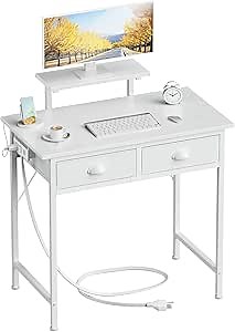 Furologee 30 Inch Small Desk with 2 Fabric Drawers, White Vanity Desk with Power Outlets, Computer Desk with Monitor Stand, Modern Work Writing Study Table, Home Office Table for Small Spaces, White