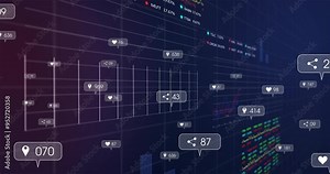 Social media engagement icons animation over financial data charts and graphs