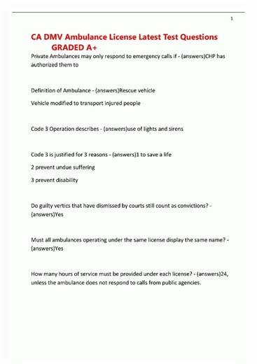 Latest CA DMV Ambulance License Latest Test Questions GRADED A9 video