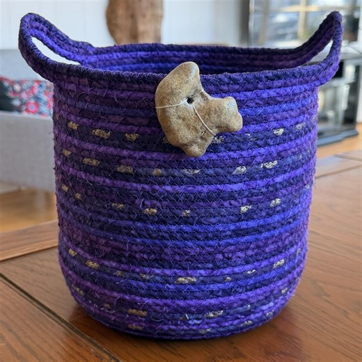 Large Coiled Rope Storage Basket With Handles, Handmade Fabric Tote, Natural River Stone Added - Etsy