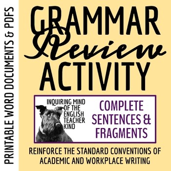 Grammar Practice Review Worksheet on Complete Sentences and Fragments with Key