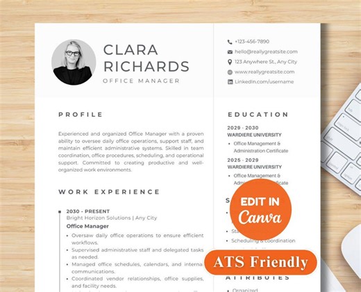 Office Manager Resume Template Canva With Cover Letter 1 Page CV   2 Page Resume Job Application Minimalist Professional Office Resume - Etsy