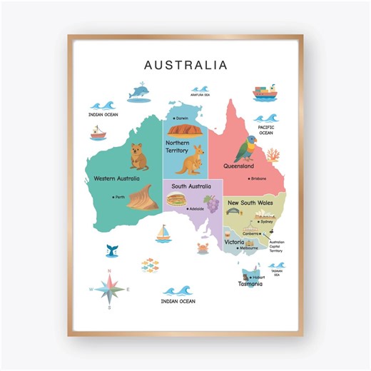 Australia Illustrated Map Printable With States and Capitals Colorful Geography Poster for Kids Classroom Wall Art Digital Download - Etsy