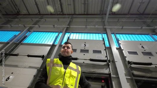 Low angle shot of a warehouse worker in a high visibility vest standing by industrial loading bay doors
