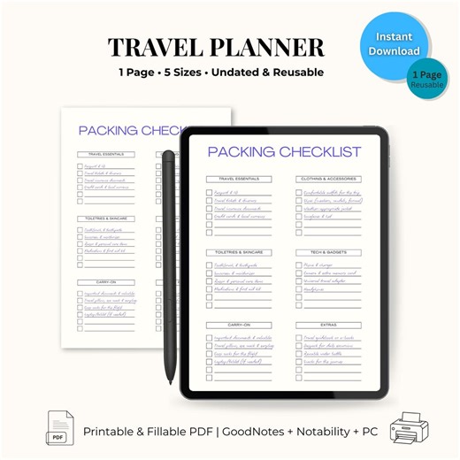 Travel Packing Checklist Printable PDF Fillable Minimal Travel Planner Undated Reusable A4 A5 Letter - Etsy
