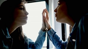Woman Looking At Mirror Reflection Facing Stock Footage SBV-348862311 - Storyblocks