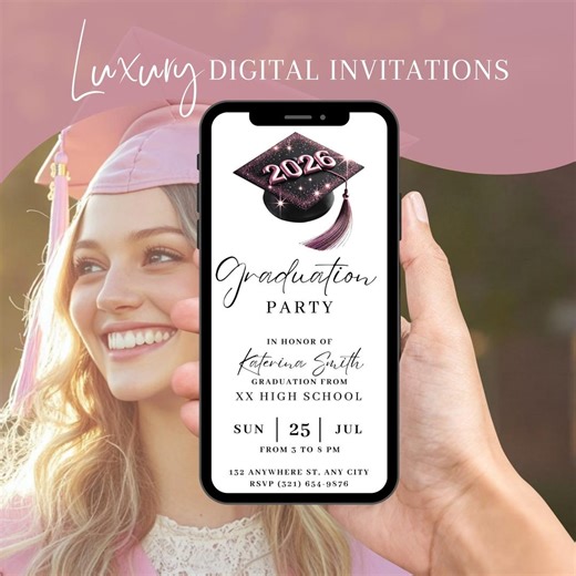 Digital Graduation 2026 Invitation, White Pink Graduate Party Invite, Electronic Grad Class of 26 Evite, Custom Editable Template DIY Ecard - Etsy