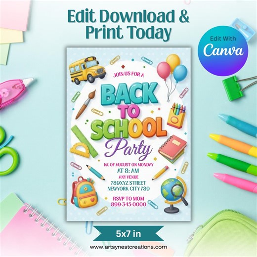 Back to School Invitation, Editable School Event Flyer, End of Summer Kids Party, Hello School Celebration, Canva Template, Instant Download - Etsy