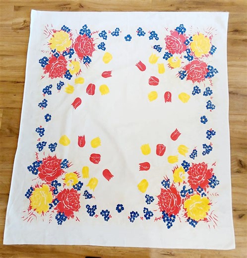 Vintage 1950s Cotton Tablecloth Featuring Bright Red, Yellow and Blue Tulips and Other Flowers - Etsy