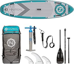 iROCKER Nautical Inflatable Stand Up Paddle Board, Superb Maneuverability 10' Long 32" Wide 6" SUP with Premium Bag, Adjustable Paddle, Pump, Leash, Fins & Repair Kit, Teal