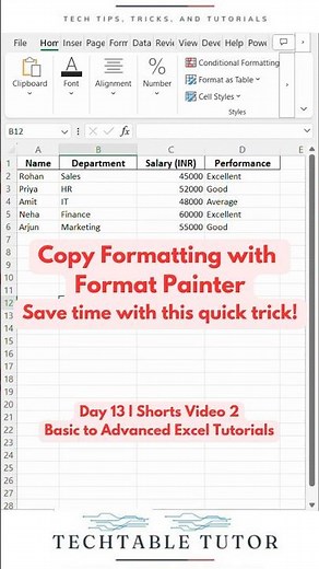 Excel Format Painter Tutorial Day 13, Video 2 #excel #excelshorts #excelformat