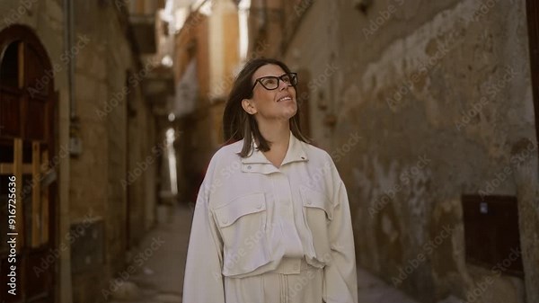 A beautiful young hispanic woman explores the old town streets of bari, italy, with a joyful smile, appreciating the historic architecture and aged stone walls around her.