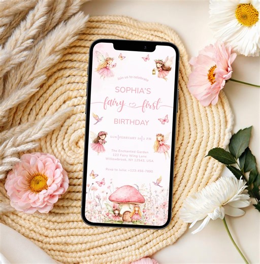 Fairy First Birthday Invitation, Fairy Digital Invitation, Fairy First Birthday Mobile Evite, Phone Invite, Editable Canva Template - Etsy