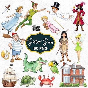 Peter Pan Watercolor Clipart, Peter Pan Bundle, Peter Pan Birthday Clipart, Cute Cartoon, Wendy, Tinkerbell, Fairy PNG, Hand Drawn Clipart - Etsy