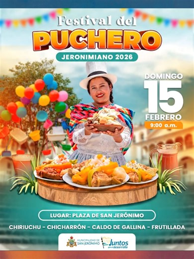 ¿PLAN PARA ESTE DOMINGO? ¡NOS VEMOS EN SAN JERÓNIMO! 👨‍👩‍👧‍👦✨ Te invitamos al Festival del Puchero jeronimiano 2026, para compartir y disfrutar con los que más quieres. Tendremos una variedad increíble de potajes: desde un buen Chiriuchu hasta un crocante Paco frito. 🐟🍖 ¡Y eso no es todo! Podrás hacer tus compras para el hogar y disfrutar de un espectáculo musical de primer nivel mientras brindamos con una rica frutillada. 🍓🥂 📍 Cita: 15 de febrero | 9:00 a.m. ¡Pasa la voz y ven con hamb