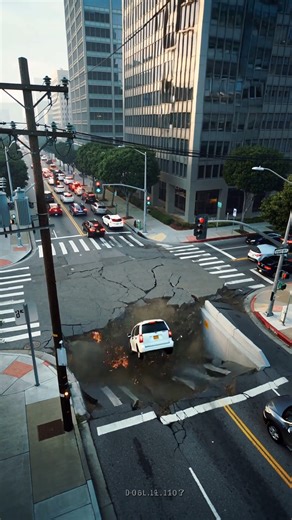 Captured from a fixed wide-angle CCTV camera mounted on a traffic light post, this ultra-realistic simulation shows a powerful earthquake striking a busy San Francisco intersection. The footage reveals rippling asphalt, collapsing pavement, snapping power lines, and crumbling office towers — all rendered with lifelike motion and sound effects. Experience the chaos as the ground gives way and vehicles struggle to stay upright. 🎥 CCTV-style realism | timestamp flicker | simulation footage only — 