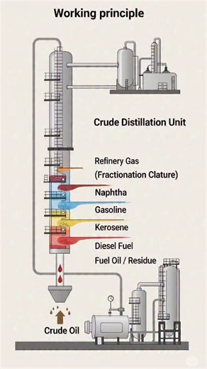 🧪 ⚗️ ChemInnovators ⚗️ 🧪 on Instagram: "​"The magic behind the modern world: Diving into the working principle of a Crude Distillation Unit! ⛽️ Separating crude oil into essential products like Gasoline, Diesel, and Kerosene through fractional distillation. #OilAndGas #PetroleumEngineering #FractionalDistillation #CrudeOil" ​"From one raw material, we get a spectrum of fuels. This diagram beautifully illustrates how a fractionating column separates hydrocarbons based on their boiling points. S