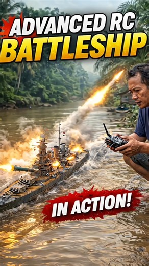 INSANE! This RC Battleship Fires REAL Shots in a River 😱… Is That a Missile?! #RCMilitary #fyp