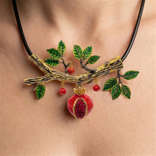Pomegranate Branch Necklace 24K Gold Black Rhodium Brass Enamel Leaf Quartz Leather Cord Statement Jewelry - Etsy