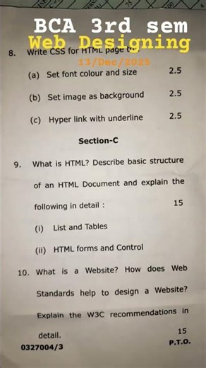 BCA 3rd semester paper | BCA 3rd sem web designing paper 13 December 2025