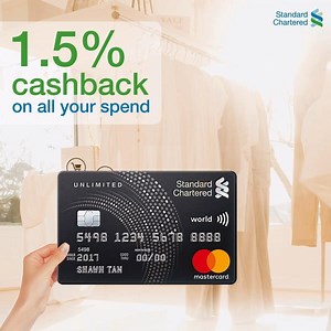 17 reactions · 17 comments | Too busy to monitor your spending, but also worried about missing out on cashback? With no min. spend and no cashback cap, the Unlimited Cashback Credit Card gives you 1.5% cashback on all spends. Receive up to S$100 Cashback when you successfully apply via MyInfo. T&Cs apply. | Standard Chartered Singapore | Facebook
