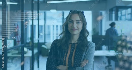 Vertical video: Woman standing behind glass, dotted map and code shifting, relaxing into tech pose