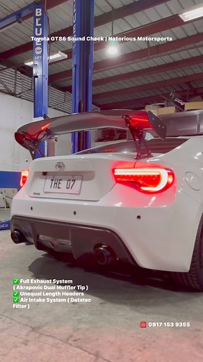 18K views · 118 reactions | Toyota GT86 Sound Check | Notorious Motorsports ✅ Full Exhaust System ( Akrapovic Dual Muffler Tip ), Unequal Length Headers, Air Intake System ( Aero Filter ) #exhaust #muffler #gt86 #akrapovic #soundcheck #reelsfb2024 #fbreelsfypシ゚viralvideo2024 | Notorious Motorsports | Facebook