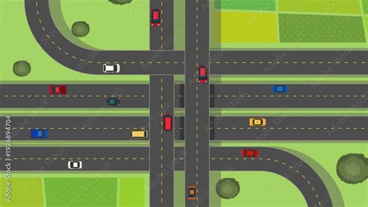 Multi-level highway with heavy traffic, top view. Vector animation with camera zoom in flat art style