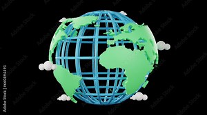 World map 3D animation on transparent background, World planet, world tour icon, green globe 3D rendering.