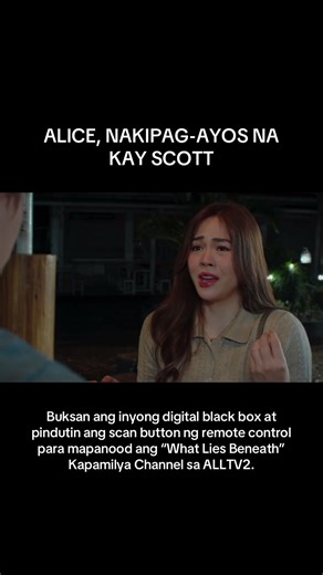 Mas pinili na ni Alice (#JanellaSalvador) magtiwala kay Scott (#MarkNeumann) Buksan ang inyong digital black box at pindutin ang scan button ng remote control para mapanood ang #WhatLiesBeneath Kapamilya Channel sa ALLTV2. Patuloy pa rin mapapanood ang serye sa A2Z, Kapamilya Online Live, iWant, at TFC.
