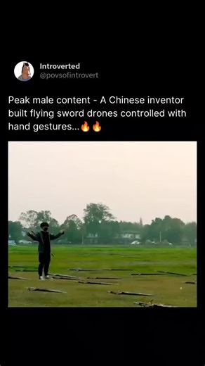 Introverted on Instagram: "A chinese inventor, Fan Shisan, a content creator and Guinness record holder from Chengdu, built sword-shaped drones that fly in swarms and respond to hand gestures using motion-sensing gloves, creating real-life wuxia/anime effects without CGI, showcasing advanced DIY drone tech. These drones use ducted fans for lift, are controlled by IMU sensors in gloves, and move with precision, demonstrating creative engineering and human-machine interaction. Media : china_fact (