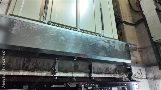 Elevator door mechanism maintenance and repair process inside the lift shaft, close up of automatic sliding door system and mechanical parts in motion, industrial elevator engineering service.