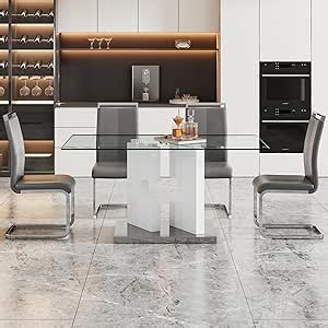 Amazon.com - Ebullient 63'' Glass Dining Table Set for 4，White Glass Dining Table Top and MDF Base，Modern Rectangular Kitchen Table with 4 PU Leather Dining Chairs，Glass Dinner Table Set - Table & Chair Sets