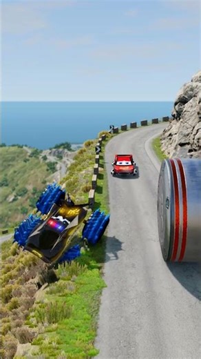 Mountain of Destruction! 😱🚗 Lightning McQueen vs Giant Rolling Drum – BeamNG Drive
