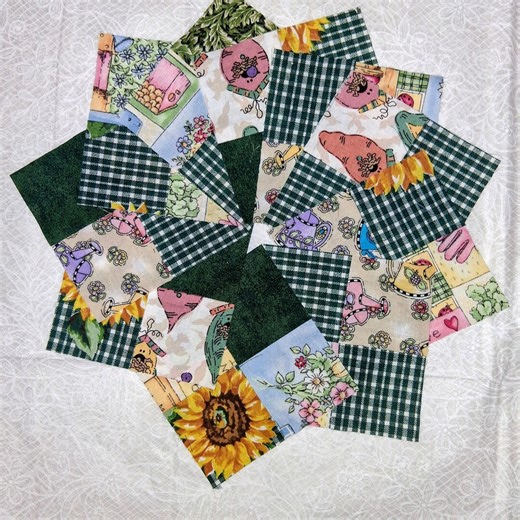 10 Four Patch Quilt Blocks Green Cottage Garden Sunflower Green Plaid Patchwork Squares - Etsy