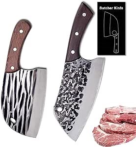 Meat Cleaver Heavy Duty for Meat Cutting Full Tang 2Pis,Serbian Chef Knife High Carbon Steel Hand Forged,Butcher Knife Set for Kitchen,BBQ,Camping,Gift Box