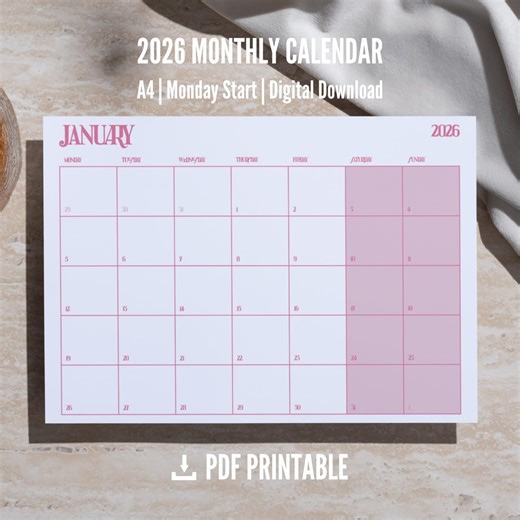 2026 Calendar Printable (PDF Download), Monday Start, Landscape, Downloadable A4 File, Pink, Multiple Colour Variations Available