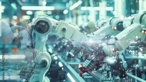 High-tech manufacturing with robotic arms, digital interfaces