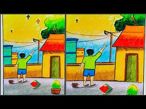 How to draw kite flying scenery very easy step by step/easy kite drawing/kite festival drawing