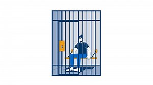 Arrested suspect man sitting in jail cell behind bars 2D character animation. Prison inmate, incarceration, detention. Prisoner bench animated person cartoon 4K isolated on white transparent