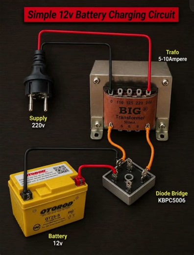 Simple 12V Battery Charger Circuit Diagram using Step-Down Transformer & KBPC5006 Bridge Rectifier