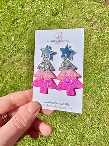 Ombre Pink Silver Christmas Tree Dangle Earrings Glitter Sparkle - Etsy Australia